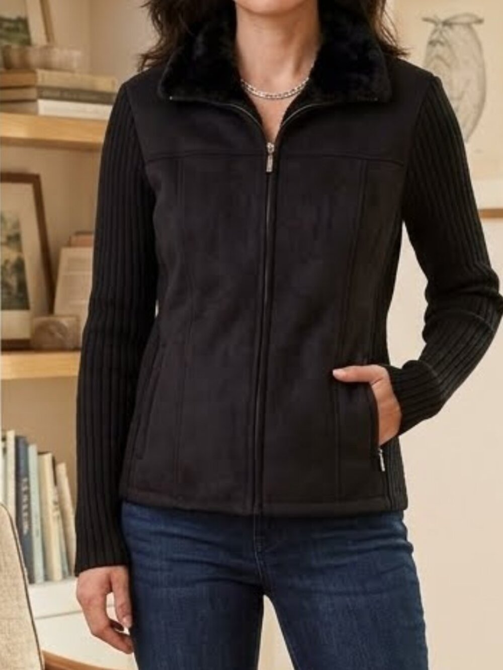 Lady Hathaway Womens Black Faux Suede Front Ribbed Sweater Knit Sleeves Full Zip